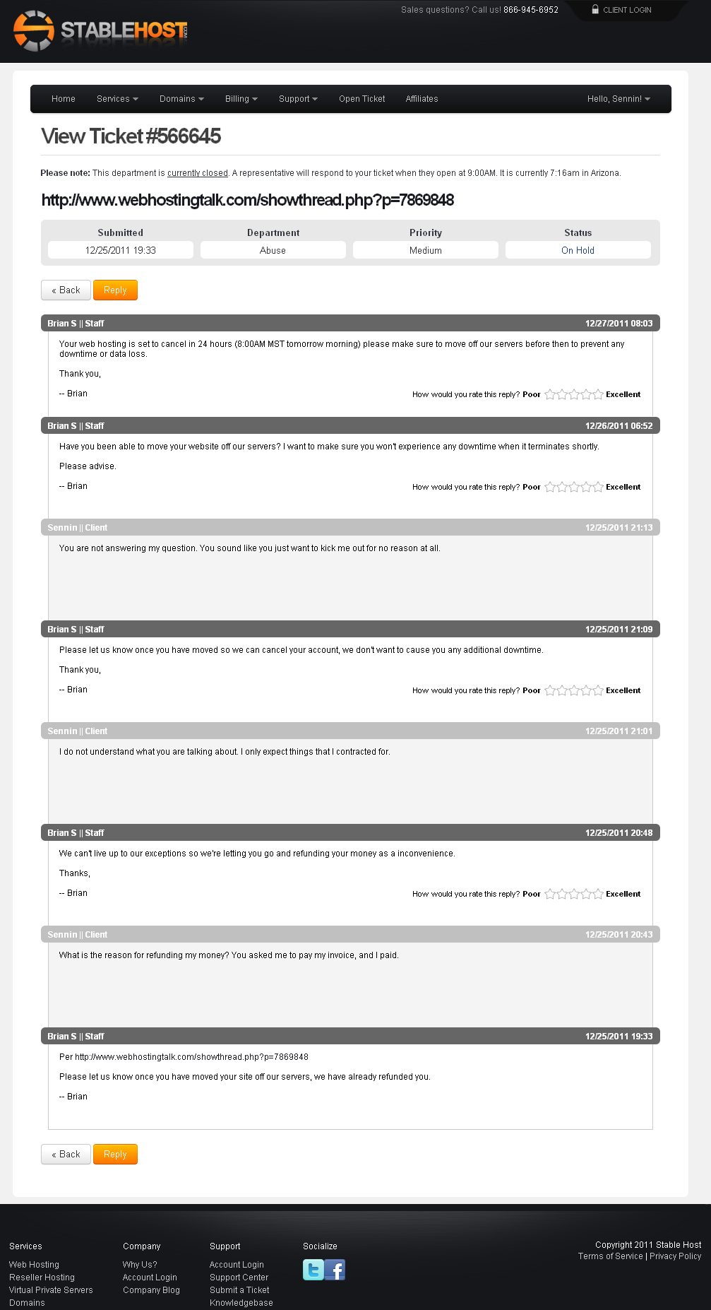 StableHost support ticket which terminated my StableHost account calling writing about them in a web forum ABUSE